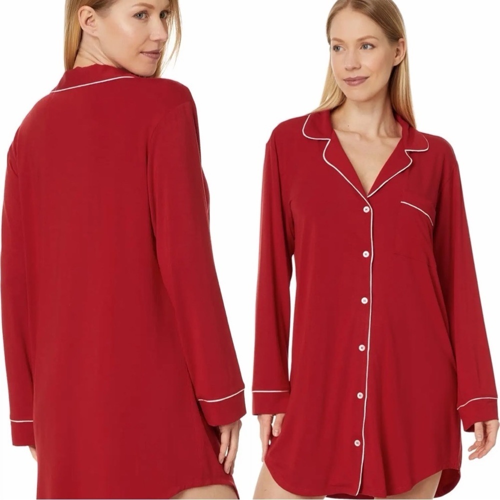 EBERJEY Gisele Sleepshirt Modal Nightshirt Button Down Red White Sz M